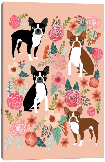 Boston Terrier Floral Collage II Canvas Art Print - Pet Friendly