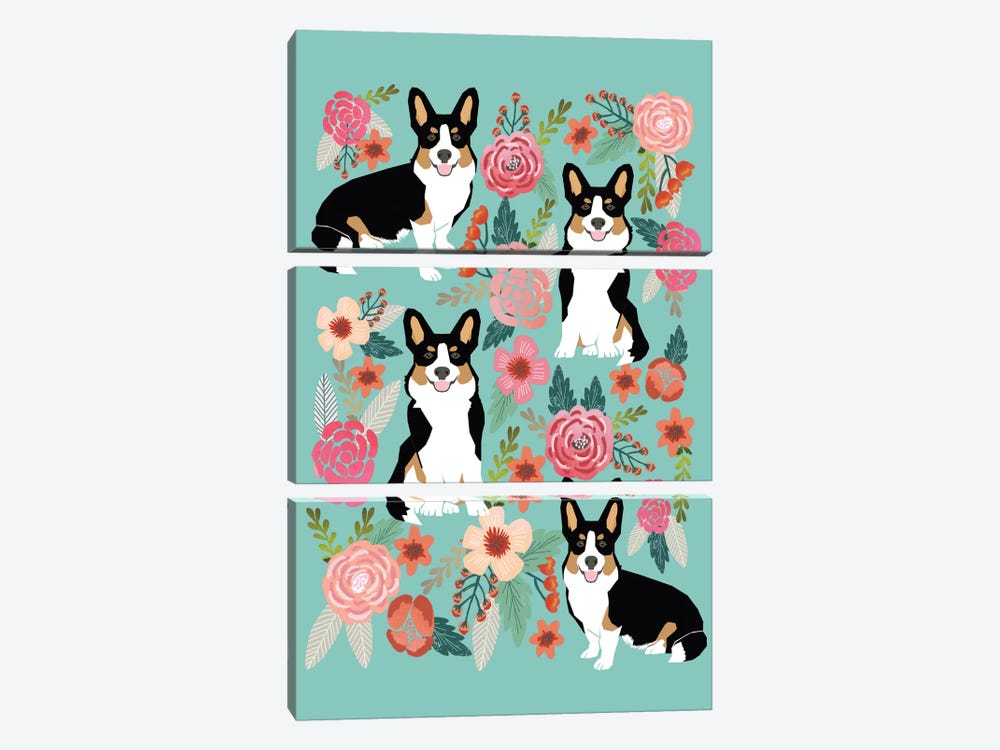 Corgi Floral Collage II by Pet Friendly 3-piece Canvas Print
