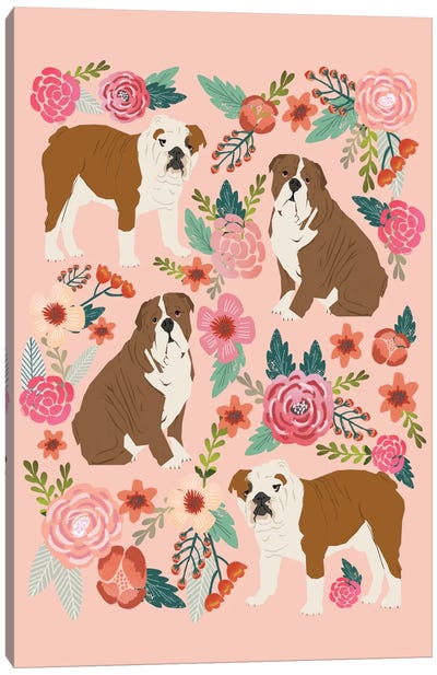 English Bulldogs Floral Collage Canvas Art Print - Bulldog Art