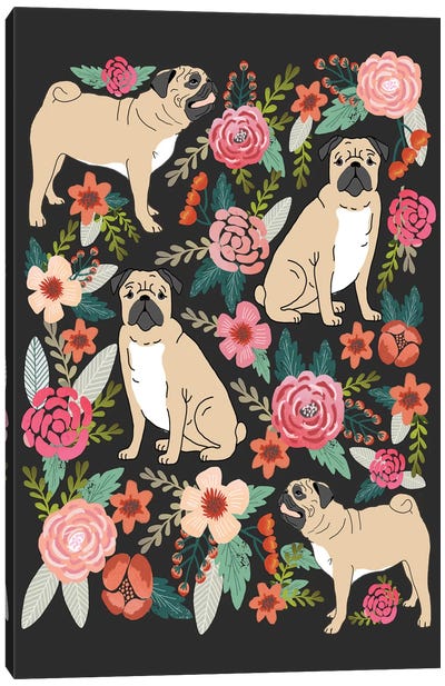 Pug Floral Collage Canvas Art Print - Pug Art