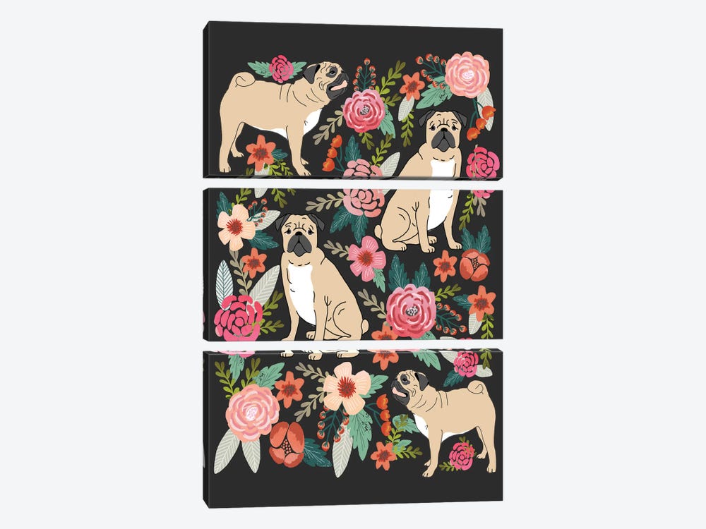 Pug Floral Collage by Pet Friendly 3-piece Canvas Wall Art
