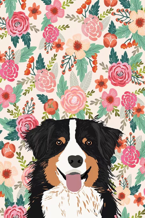 Australian Shepherd Black And Tan Floral by Pet Friendly wall art