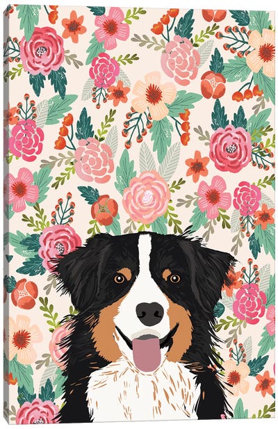 Australian Shepherd Black And Tan Floral Canvas Art Print - Pet Friendly