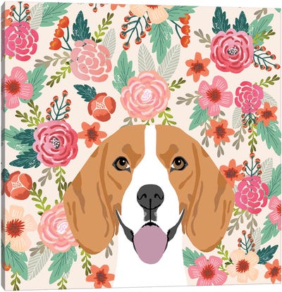Beagle Floral Canvas Art Print - Beagle Art