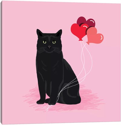 Black Cat Love Balloons Canvas Art Print - Heart Art
