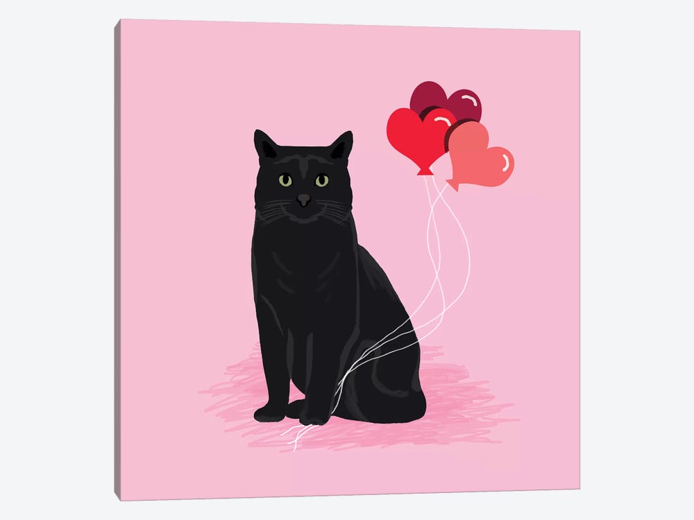 Black Cat Love Balloons by Pet Friendly 1-piece Canvas Art