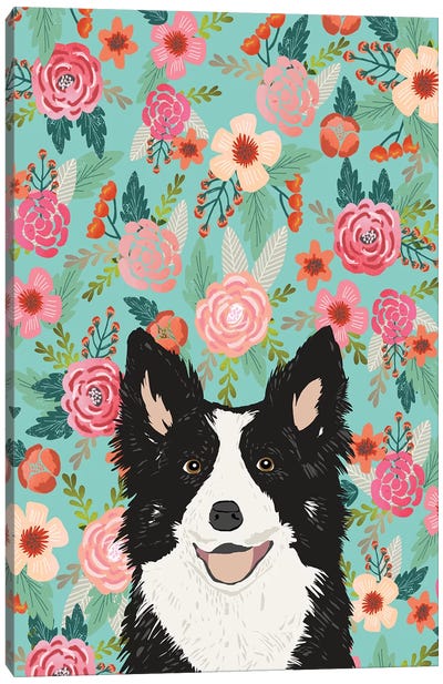 Border Collie Black Floral Canvas Art Print - Pet Friendly