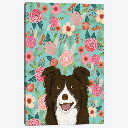Border Collie Brown Floral Canvas Print #PET81} by Pet Friendly Canvas Art Print