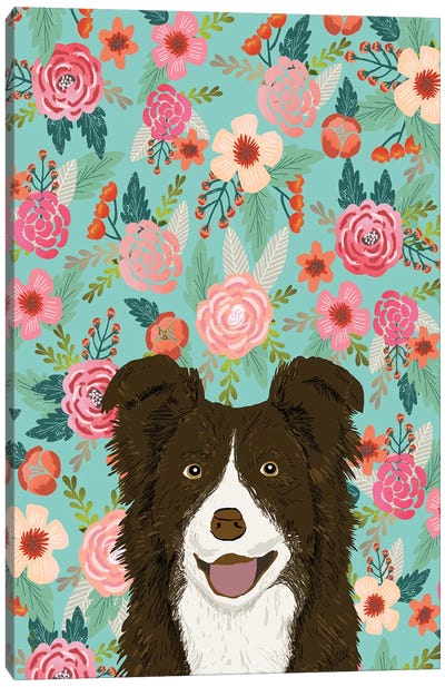 Border Collie Brown Floral Canvas Art Print - Pet Friendly