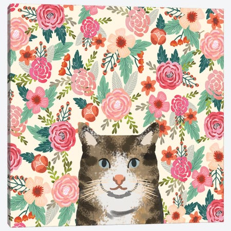 Brown Tabby Cat Floral Canvas Print #PET87} by Pet Friendly Canvas Art