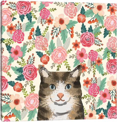 Brown Tabby Cat Floral Canvas Art Print - Floral & Botanical Patterns