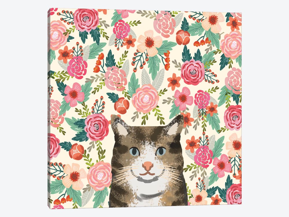 Brown Tabby Cat Floral by Pet Friendly 1-piece Canvas Art Print