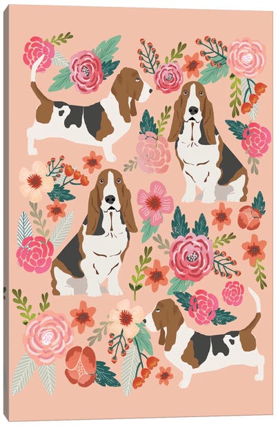 Basset Hound Floral Collage Canvas Art Print - Basset Hound Art