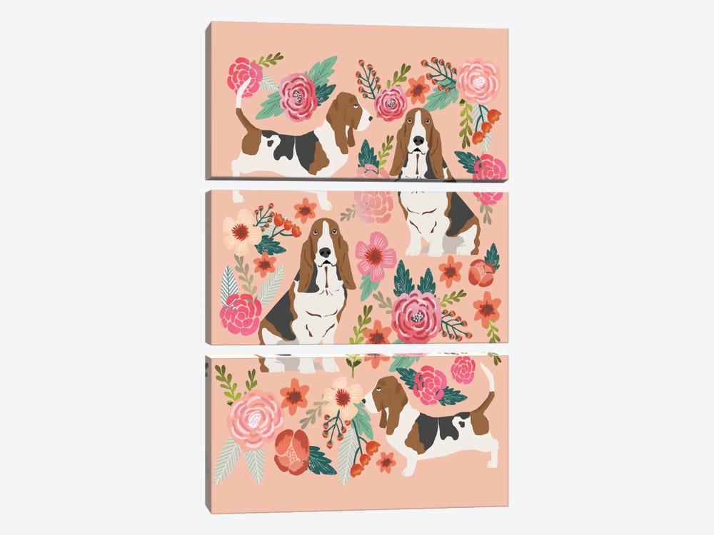 Basset Hound Floral Collage by Pet Friendly 3-piece Canvas Art Print