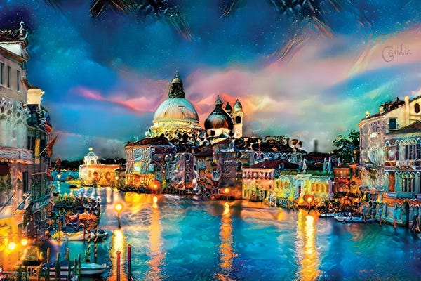 Rowboats: Italy Venice Grand Canal at Night by Pedro Gavidia