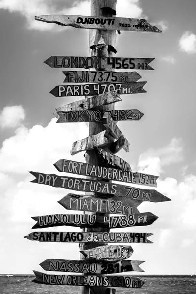 Large Black & White Art - Canvas Prints: Key West Directional Sign I by Philippe Hugonnard