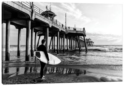 Black California Series - Huntington Beach Pier Surfer Canvas Art Print - All Black Collection