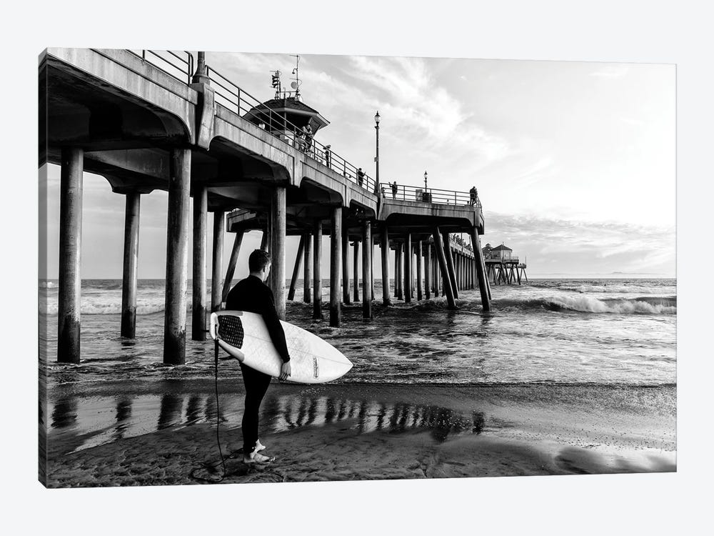 Black California Series - Huntington Beach Pier Surfer by Philippe Hugonnard 1-piece Canvas Wall Art
