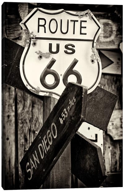 U.S. Route 66 Sign in B&W Canvas Art Print - Signs