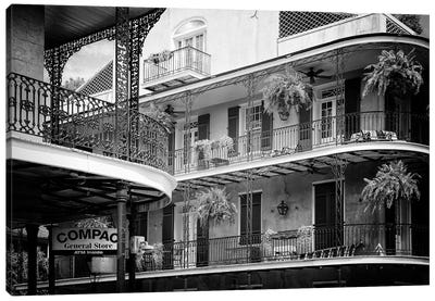 Black NOLA Series - Bourbon Balcony Facades Canvas Art Print - Louisiana Art