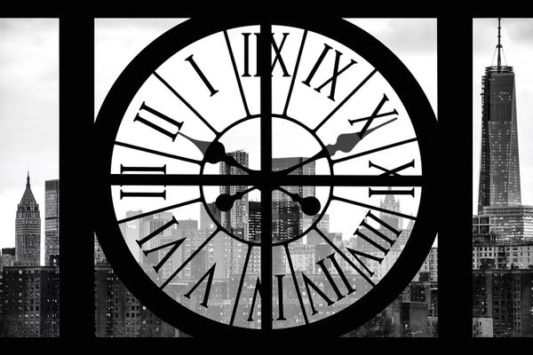 Large Black & White Art - Canvas Prints: Manhattan Buildings -Clock Window by Philippe Hugonnard
