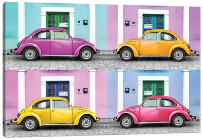 Four VW Beetle Cars II Canvas Art Print - Volkswagen