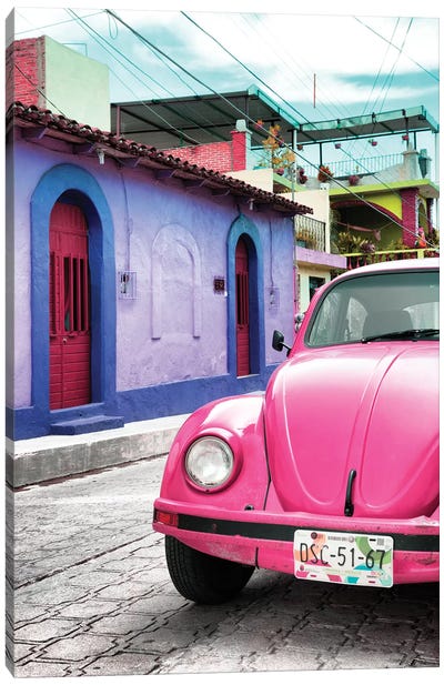 Pink VW Beetle Car Canvas Art Print - Viva Mexico!