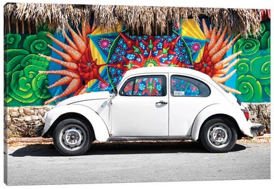White VW Beetle Car In Cancun Canvas Art Print - Viva Mexico!