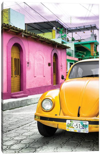 Yellow VW Beetle Car Canvas Art Print - Viva Mexico!