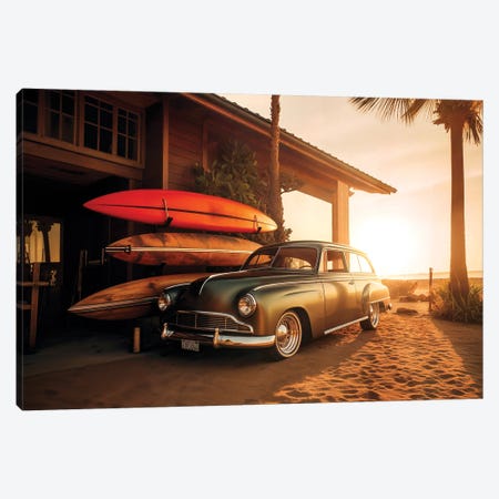 Vintage Car Sunset Beach Canvas Print #PHD3071} by Philippe Hugonnard Canvas Art Print