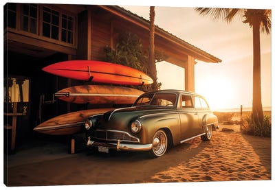 Vintage Car Sunset Beach Canvas Art Print - Philippe Hugonnard