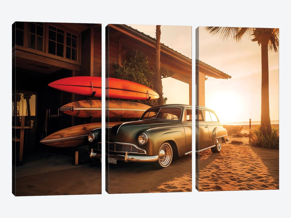Vintage Car Sunset Beach by Philippe Hugonnard 3-piece Canvas Artwork