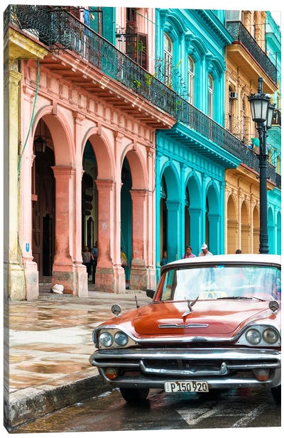 Colorful Buildings and Red Taxi Car Canvas Art Print - Restaurant