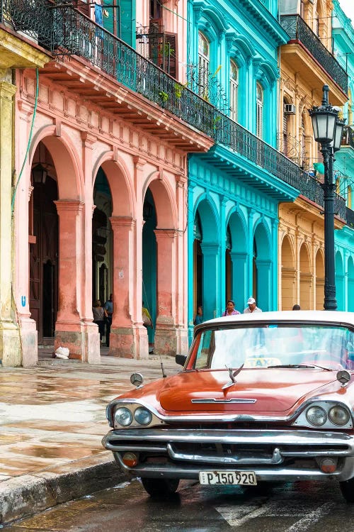 Colorful Buildings and Red Taxi Car