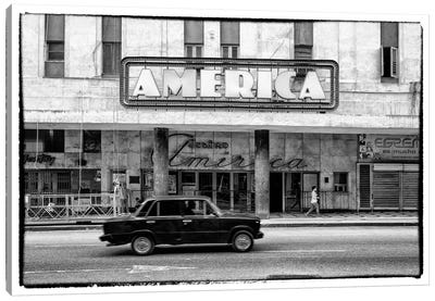 Teatro America in Havana in B&W Canvas Art Print - Cuba Art