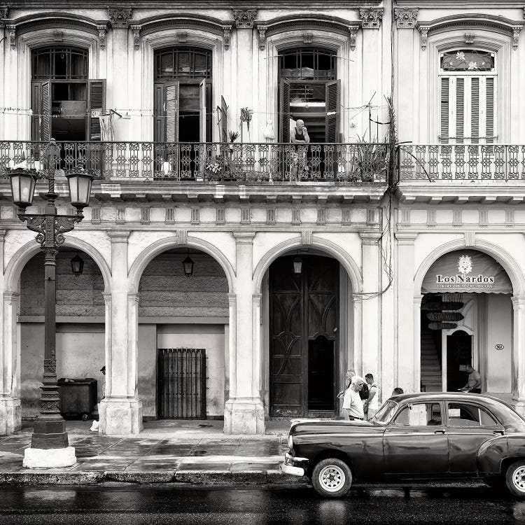 Colorful Architecture and Black Classic Car in B&W