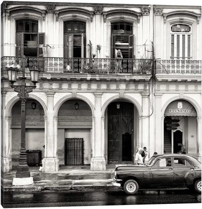 Colorful Architecture and Black Classic Car in B&W Canvas Art Print - Cuba Fuerte