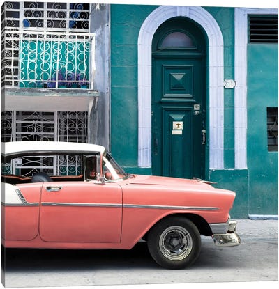Classic Car In Havana Canvas Art Print - Pantone Living Coral 2019