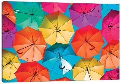 Colourful Umbrellas  - Turquoise Sky Canvas Art Print - Spain Art