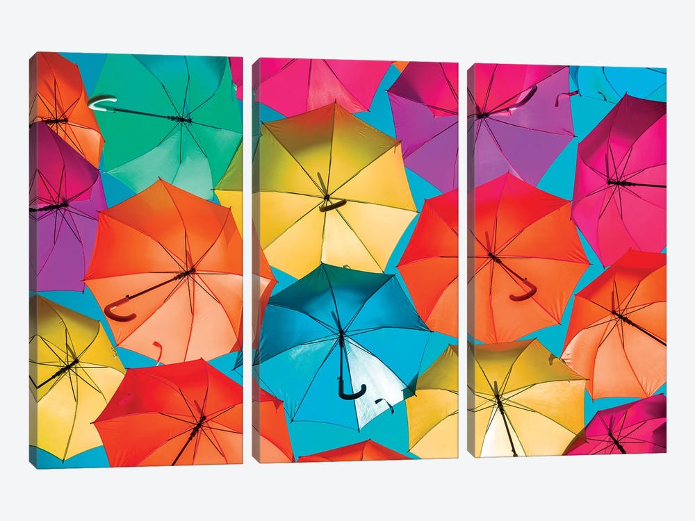 Colourful Umbrellas  - Turquoise Sky by Philippe Hugonnard 3-piece Canvas Artwork
