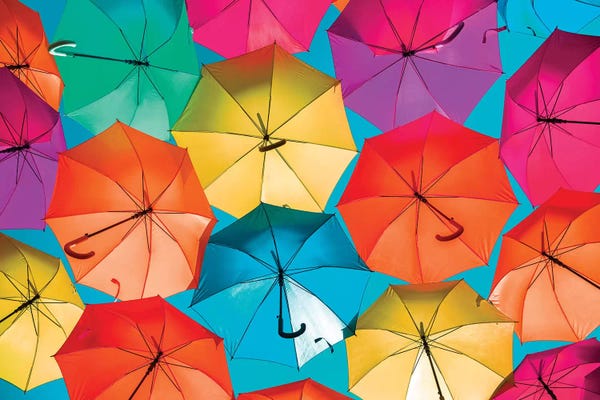Colourful Umbrellas Turquoise Sky Landscape