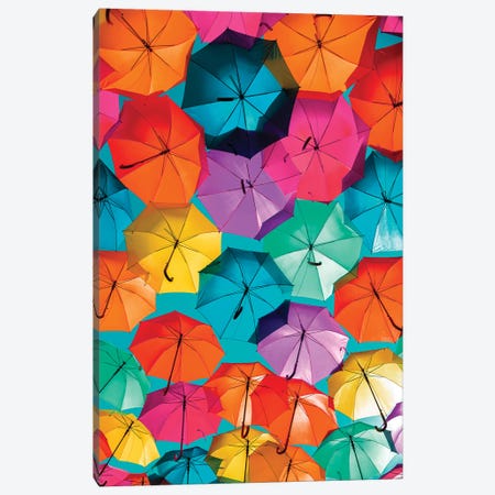 Colourful Umbrellas  - Turquoise Sky Canvas Print #PHD528} by Philippe Hugonnard Canvas Print