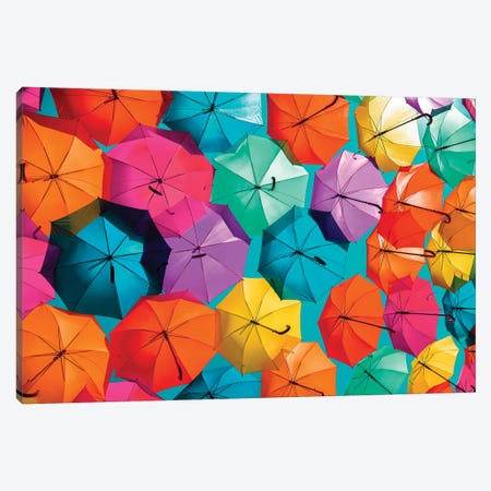 Colourful Umbrellas  - Turquoise Sky II Canvas Print #PHD529} by Philippe Hugonnard Art Print