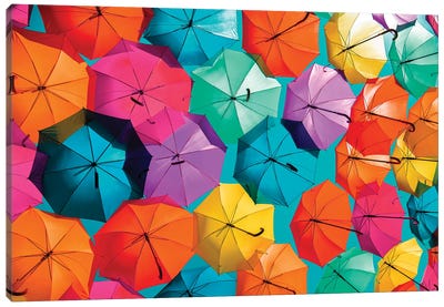 Colourful Umbrellas  - Turquoise Sky II Canvas Art Print - Spain Art