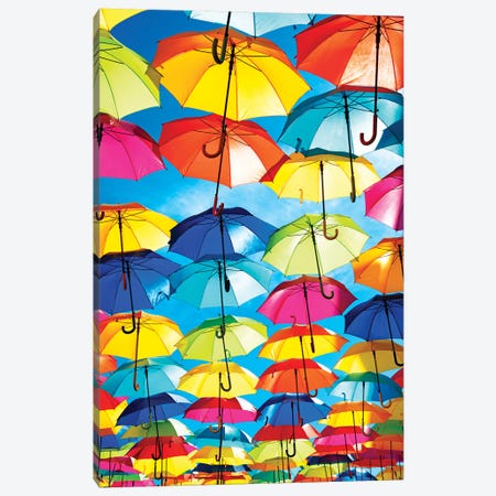 Colourful Umbrellas  - Blue Sky Canvas Print #PHD530} by Philippe Hugonnard Canvas Art
