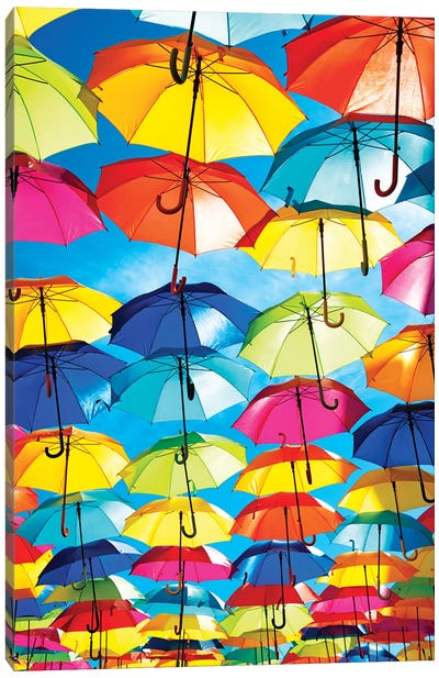 Colourful Umbrellas  - Blue Sky Canvas Art Print - Umbrella Art