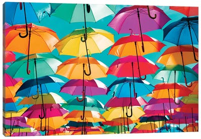 Colourful Umbrellas  - Coral Green Sky Canvas Art Print - Umbrella Art