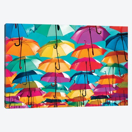 Colourful Umbrellas  - Coral Green Sky Canvas Print #PHD531} by Philippe Hugonnard Canvas Artwork