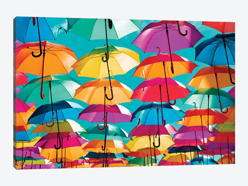 Colourful Umbrellas  - Coral Green Sky by Philippe Hugonnard 1-piece Canvas Art