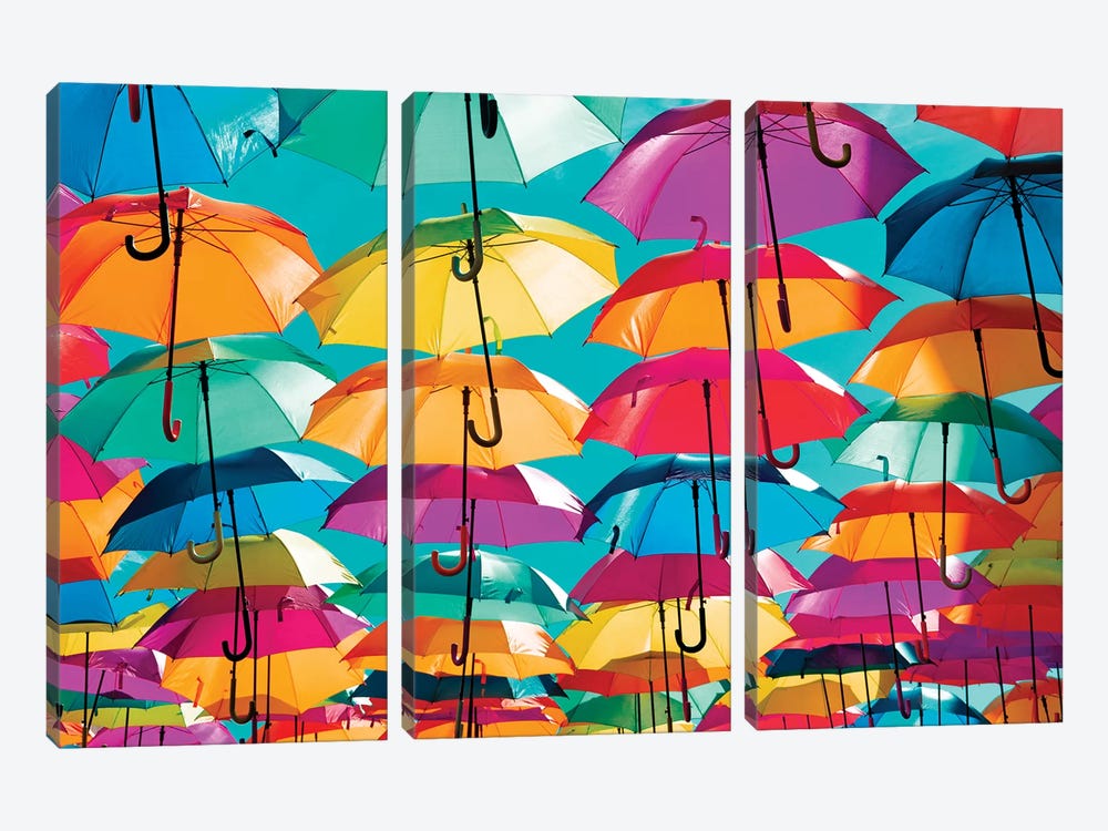 Colourful Umbrellas  - Coral Green Sky by Philippe Hugonnard 3-piece Canvas Art